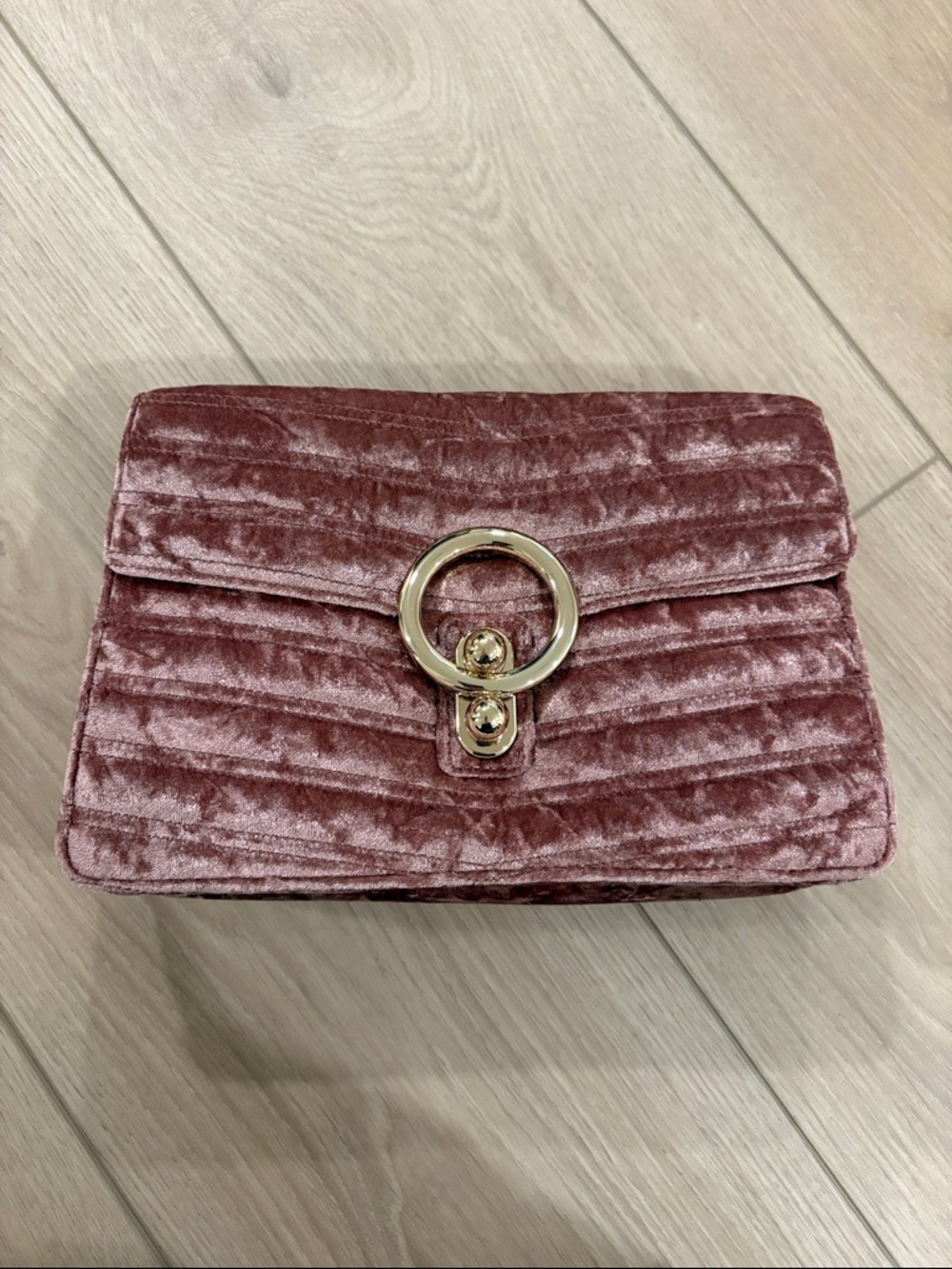 Express Velvet Quilted Dusty Rose Crossbody Bag with Gold Ring Accent